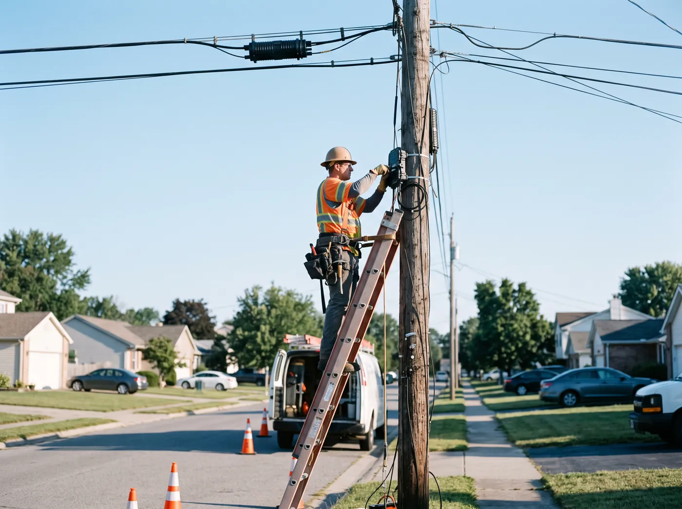 Fiber technician working at a utility pole