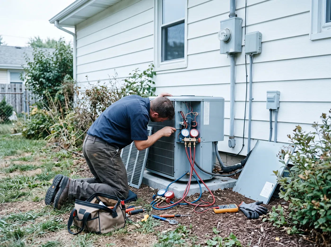 HVAC technician servicing an outdoor condenser
