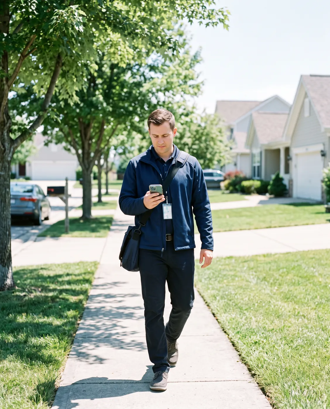 Field sales rep walking a suburban street following a route on a phone
