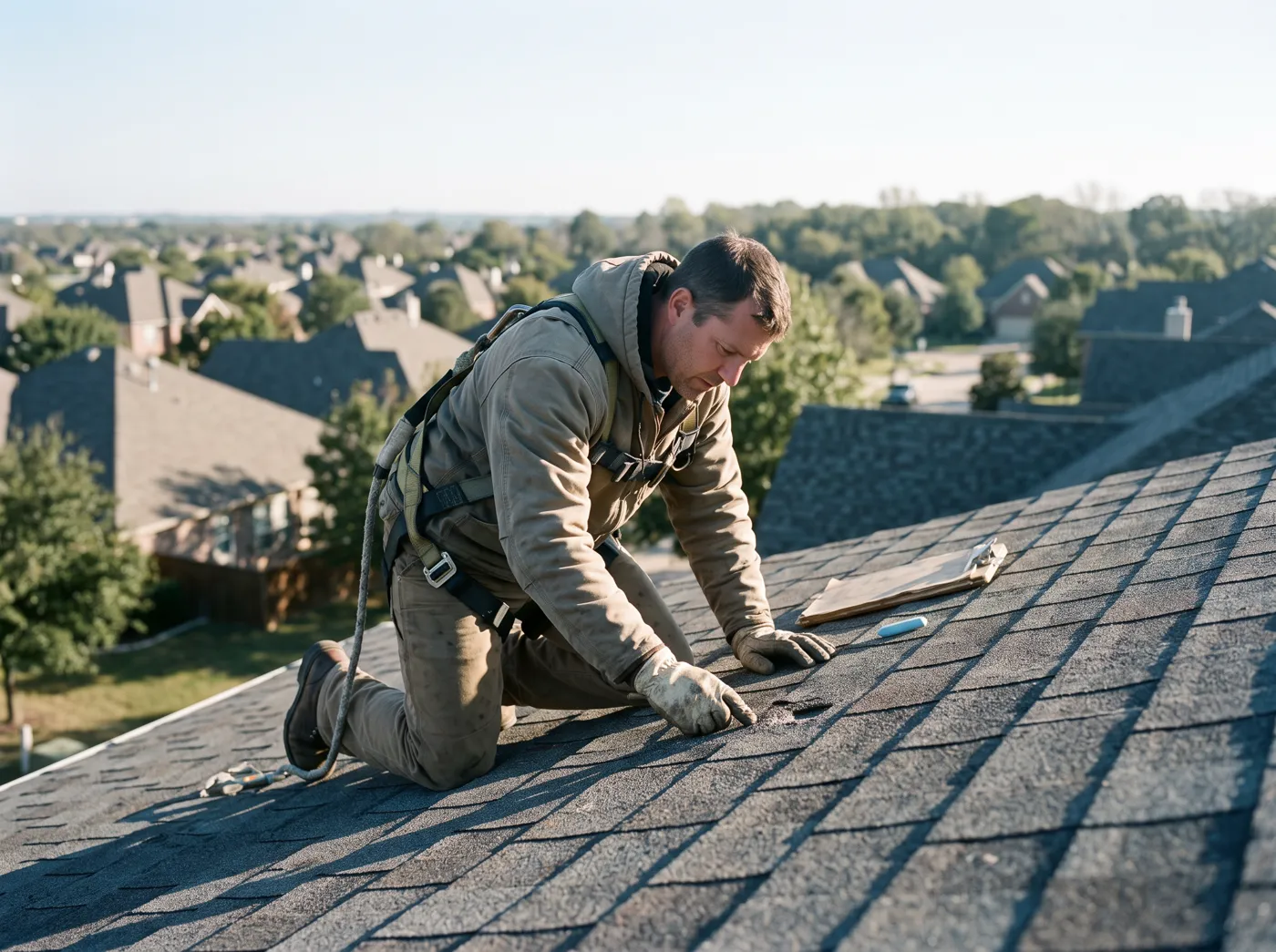 Roofer inspecting hail damage on a shingle roof