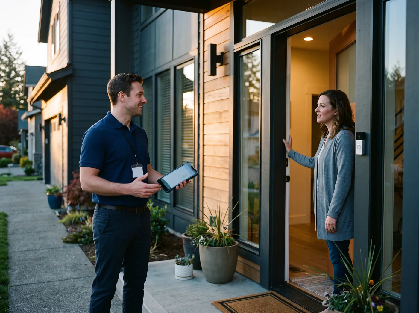 Security rep talking with a homeowner at the door
