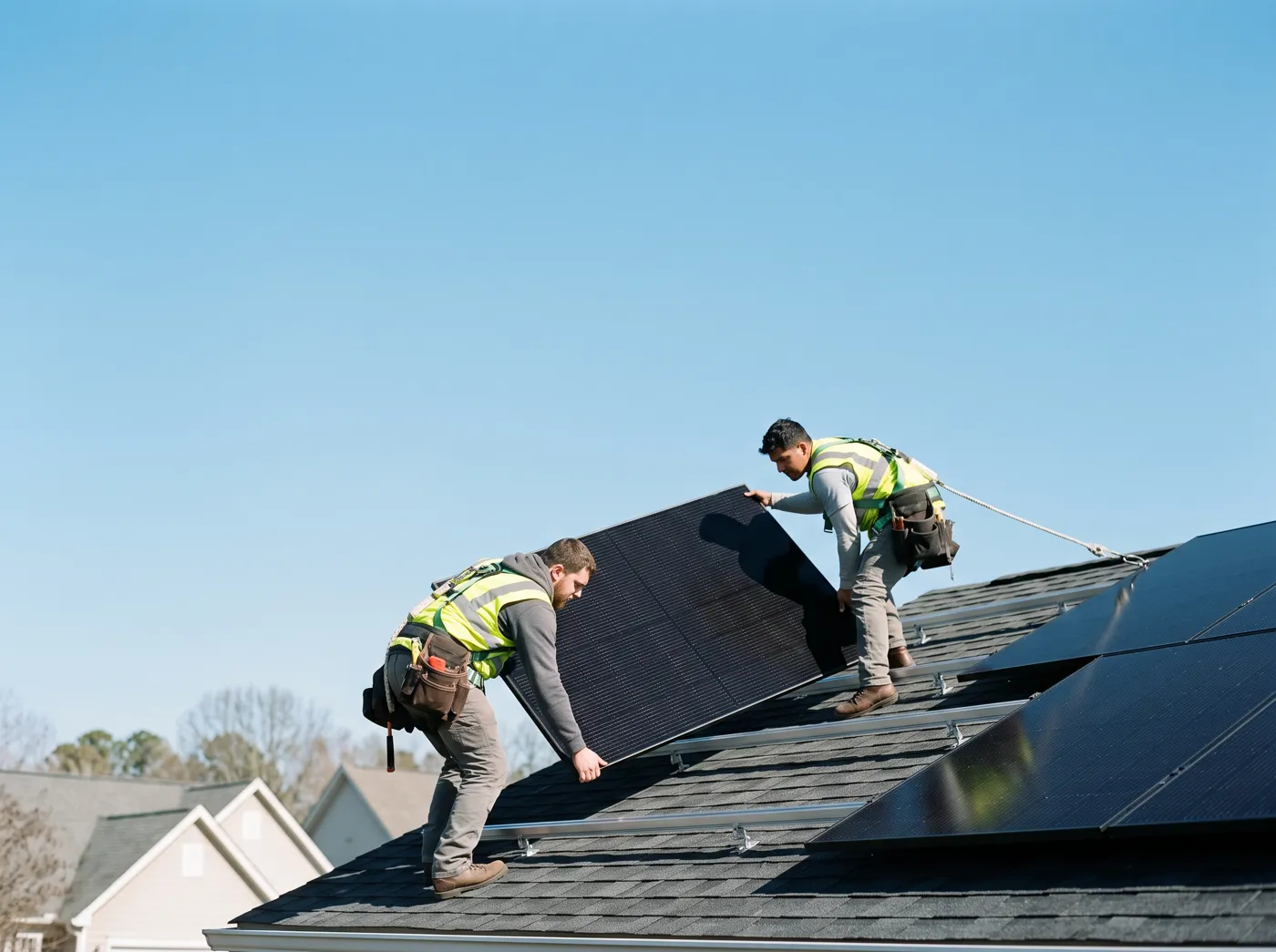 Installers placing a solar panel on a home
