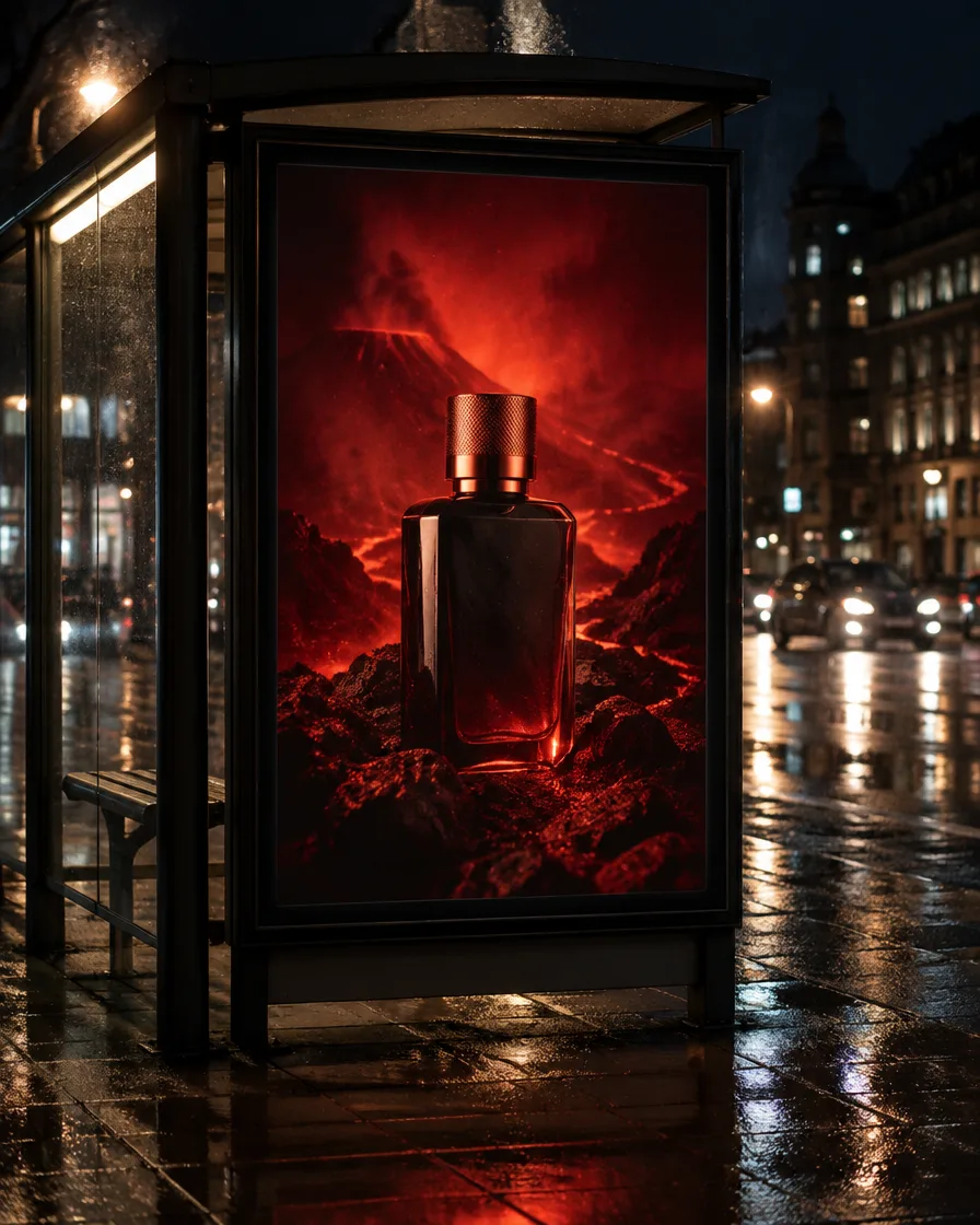 Noir Basalte campaign poster at a bus shelter