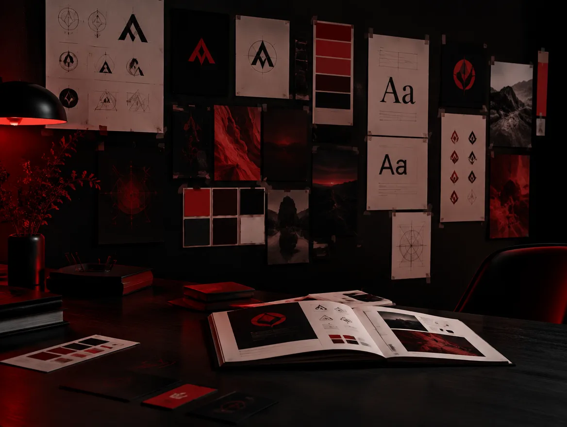 Brand identity boards with logo sketches and colour swatches