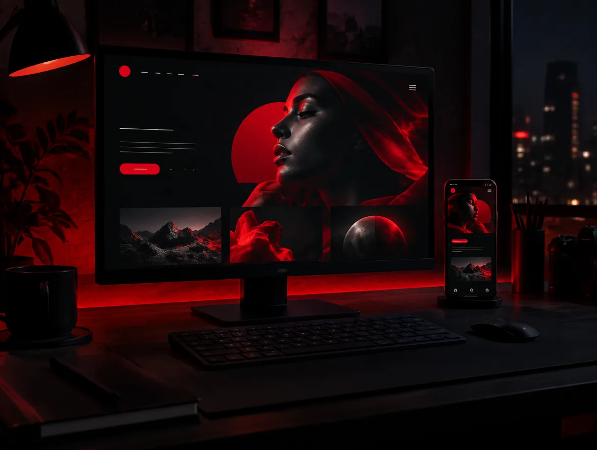 Website and app design on a monitor and phone