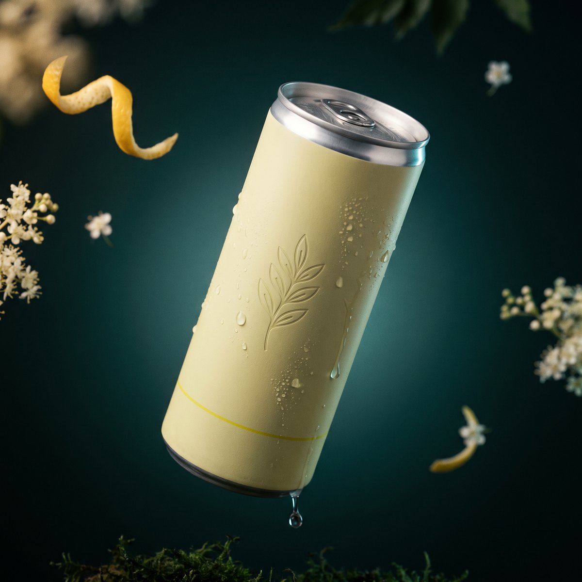 Meadow & Citrus can, chalk yellow, suspended among lemon peel and elderflower