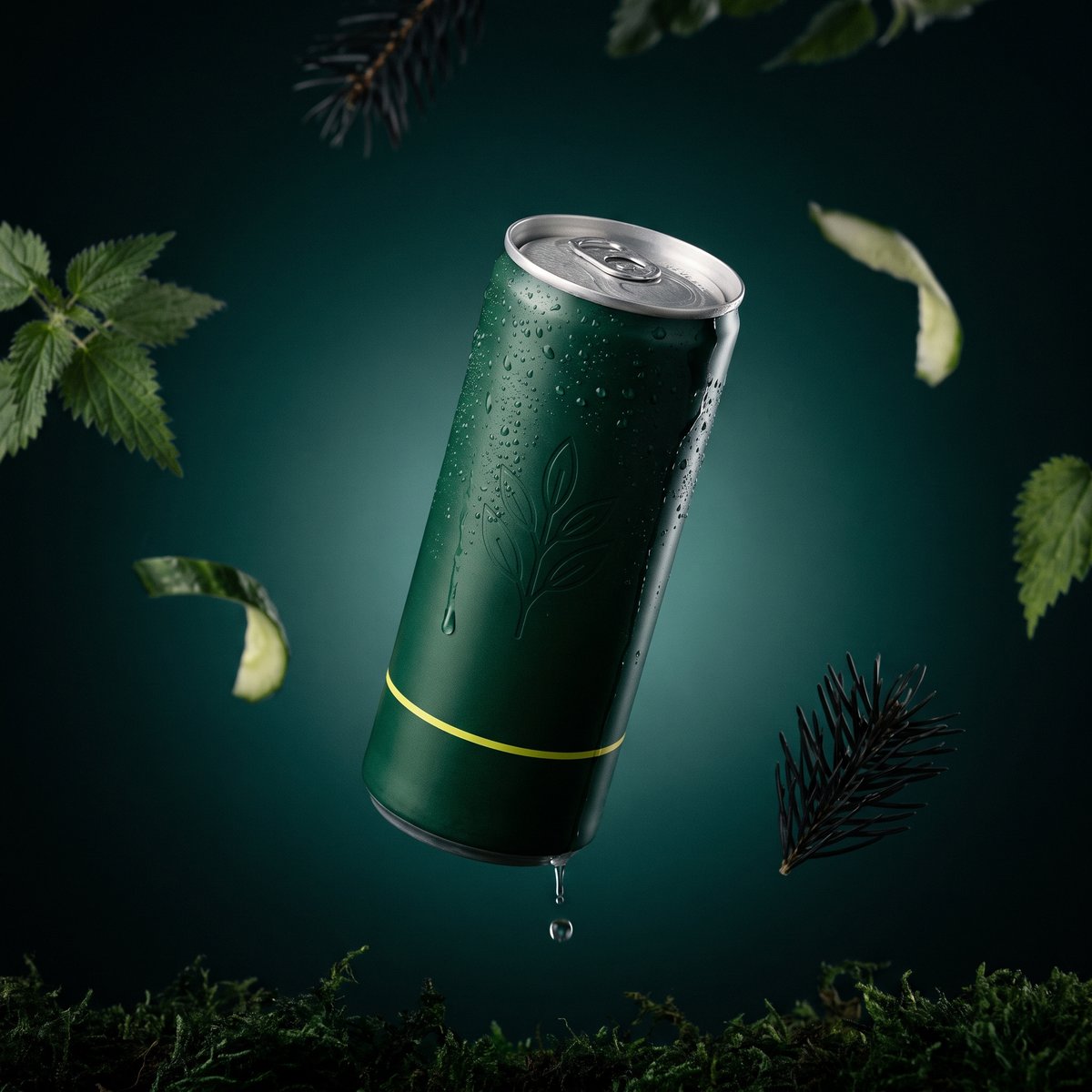 Deep Moss can, dark forest green, suspended among nettle, cucumber and black pine