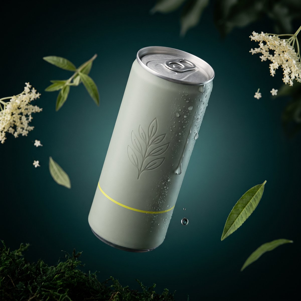 Elder & Dusk can, pale sage, suspended among elderflower and lemon verbena