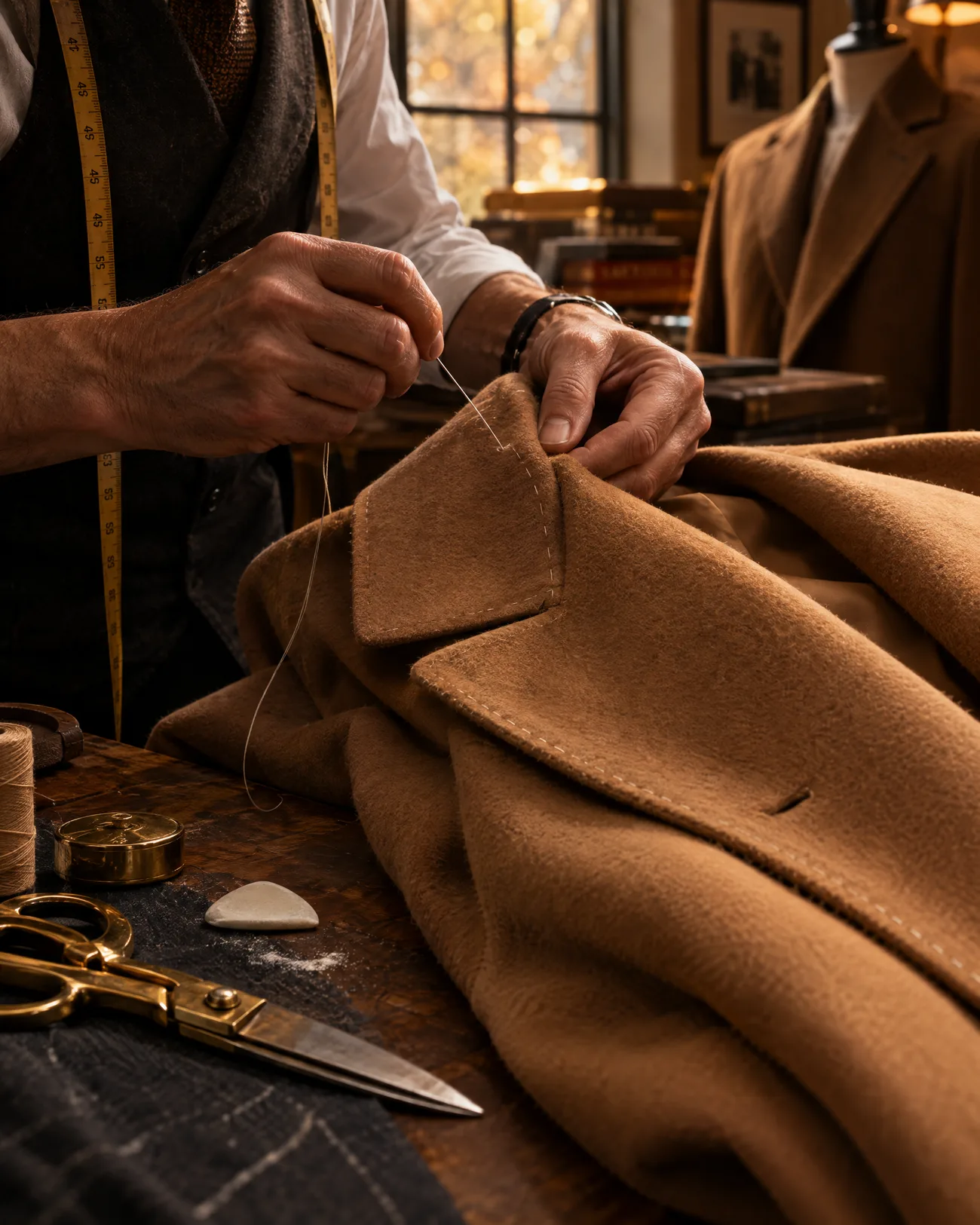 A tailor hand-stitching the lapel of a camel cashmere coat