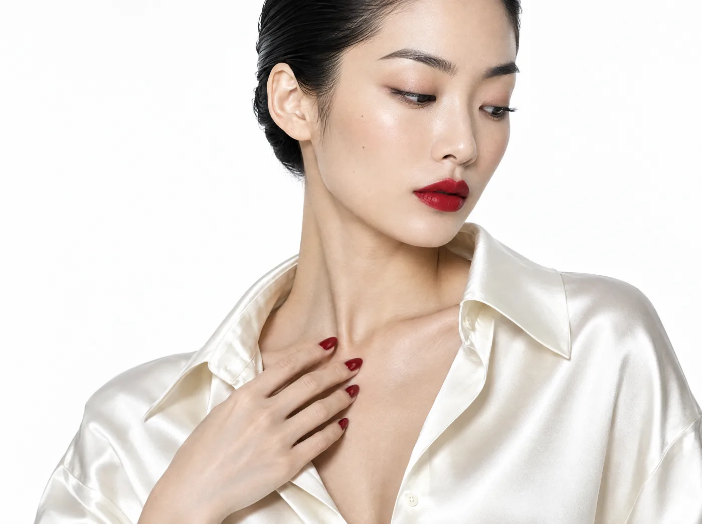 Model in the ivory silk charmeuse shirt