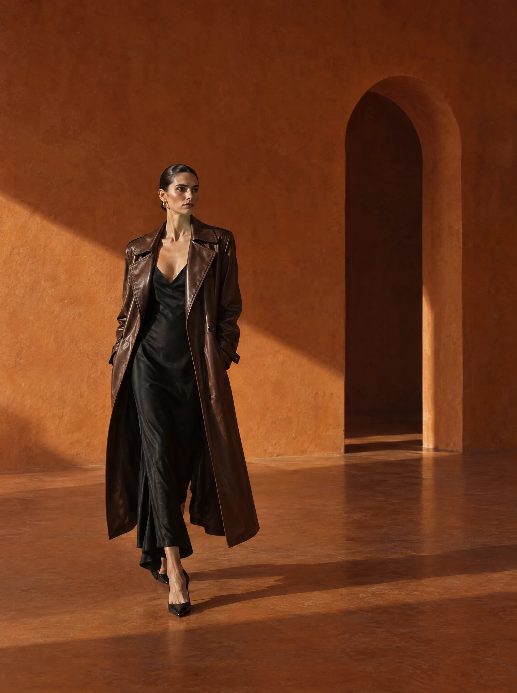 Model in the Moreau leather trench over the Nuit slip dress