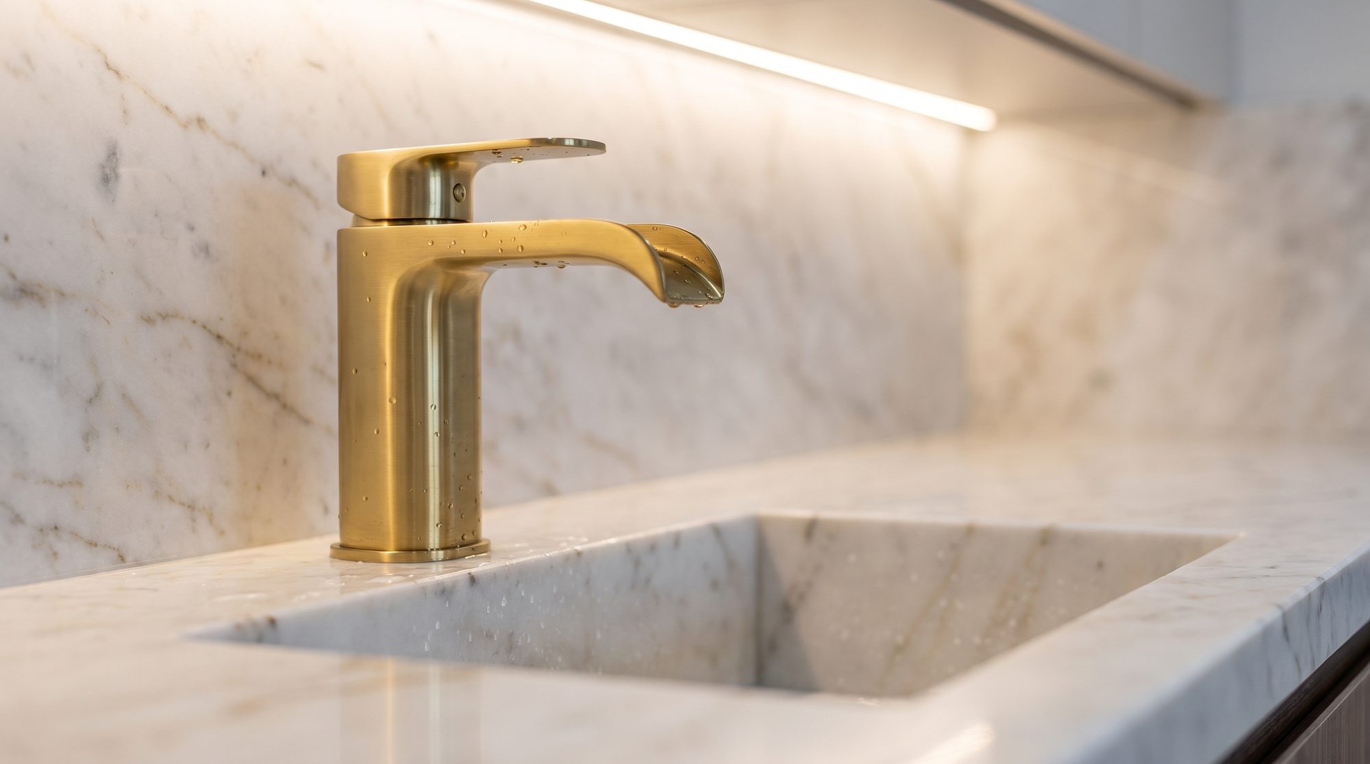 Brass tap on a marble vanity