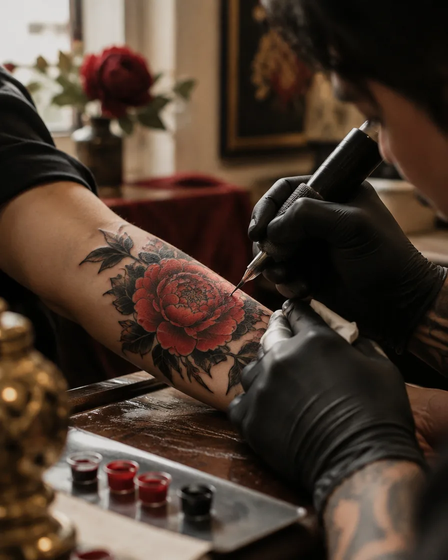 Gloved hands tattooing a red peony onto a forearm