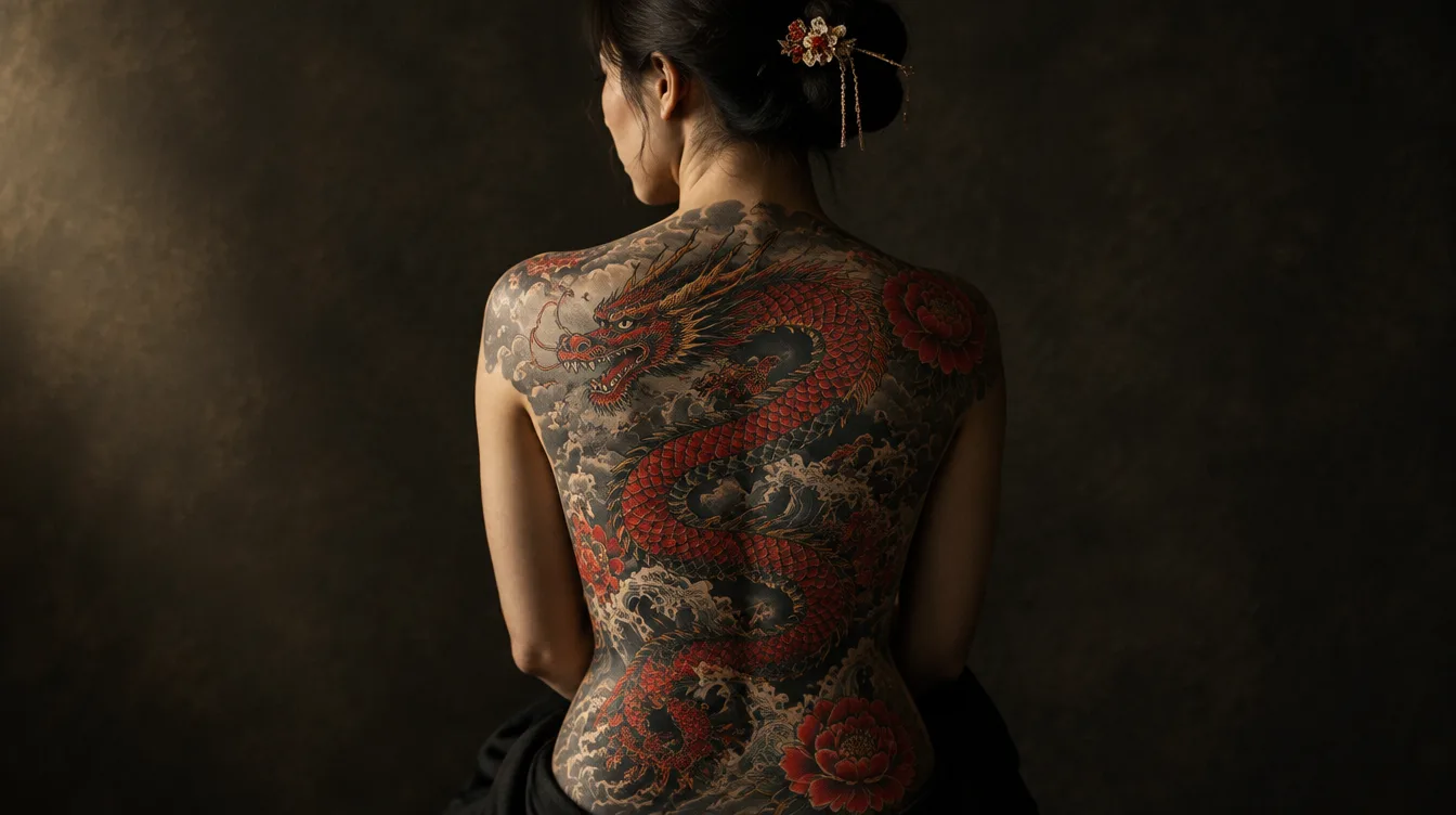 Finished Japanese full back piece of a red and black dragon