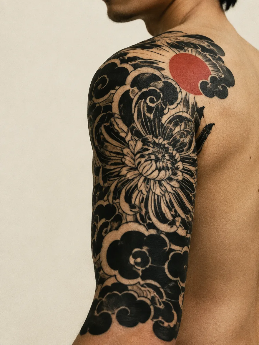 Ornamental blackwork chrysanthemum tattoo with a red sun