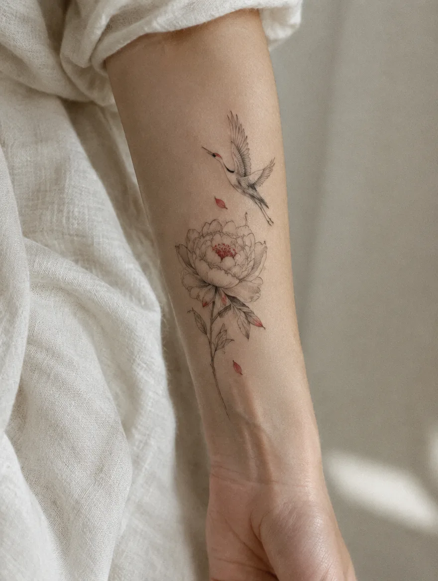 Fine line peony and crane tattoo on a forearm