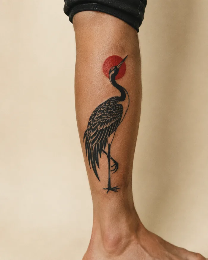 Blackwork crane tattoo on a calf