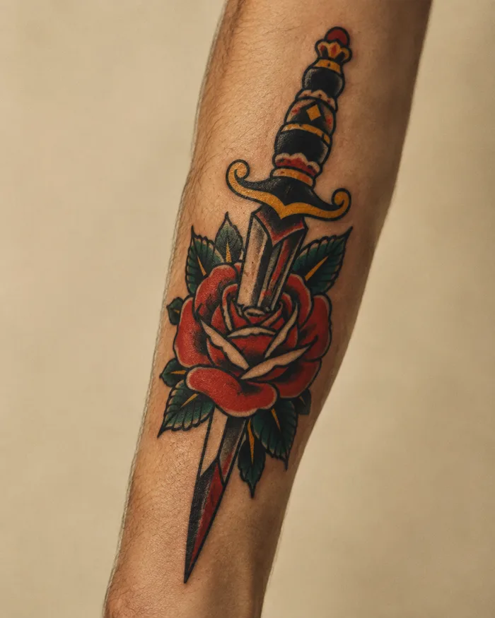 Traditional dagger and rose tattoo on a forearm
