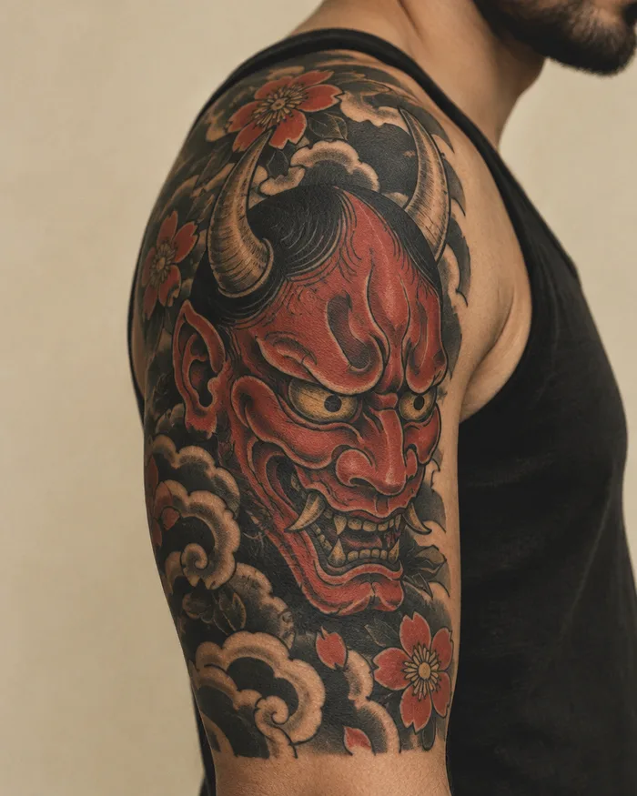 Hannya mask tattoo on a shoulder