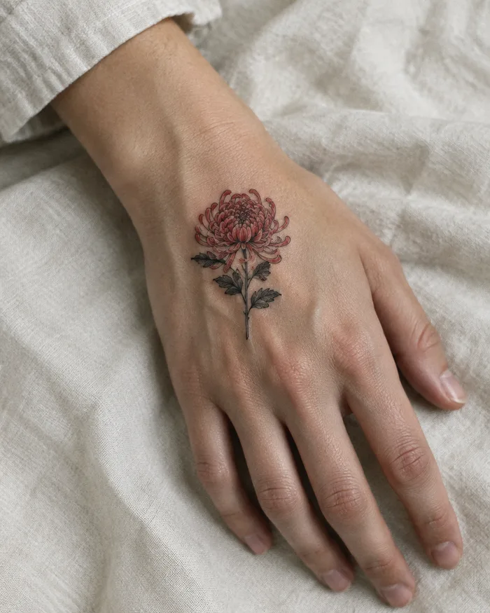 Chrysanthemum tattoo on the back of a hand