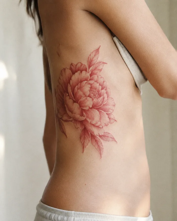 Red ink peony tattoo on the ribs