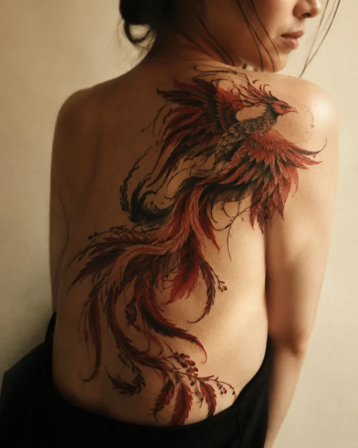 Phoenix tattoo on a shoulder blade
