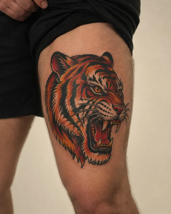 Neo-traditional tiger head tattoo on a thigh