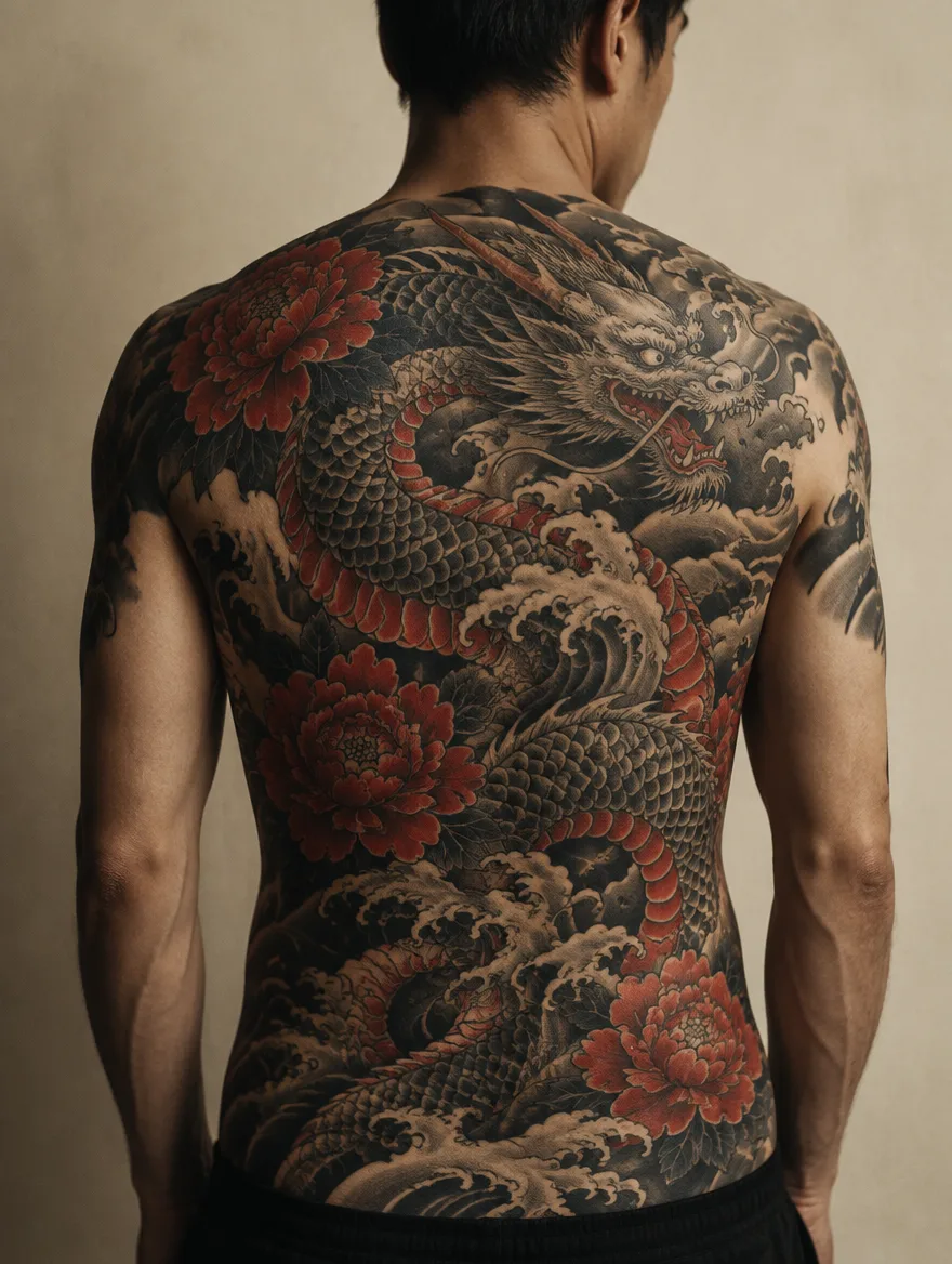 Full back irezumi tattoo of a dragon among waves and peonies