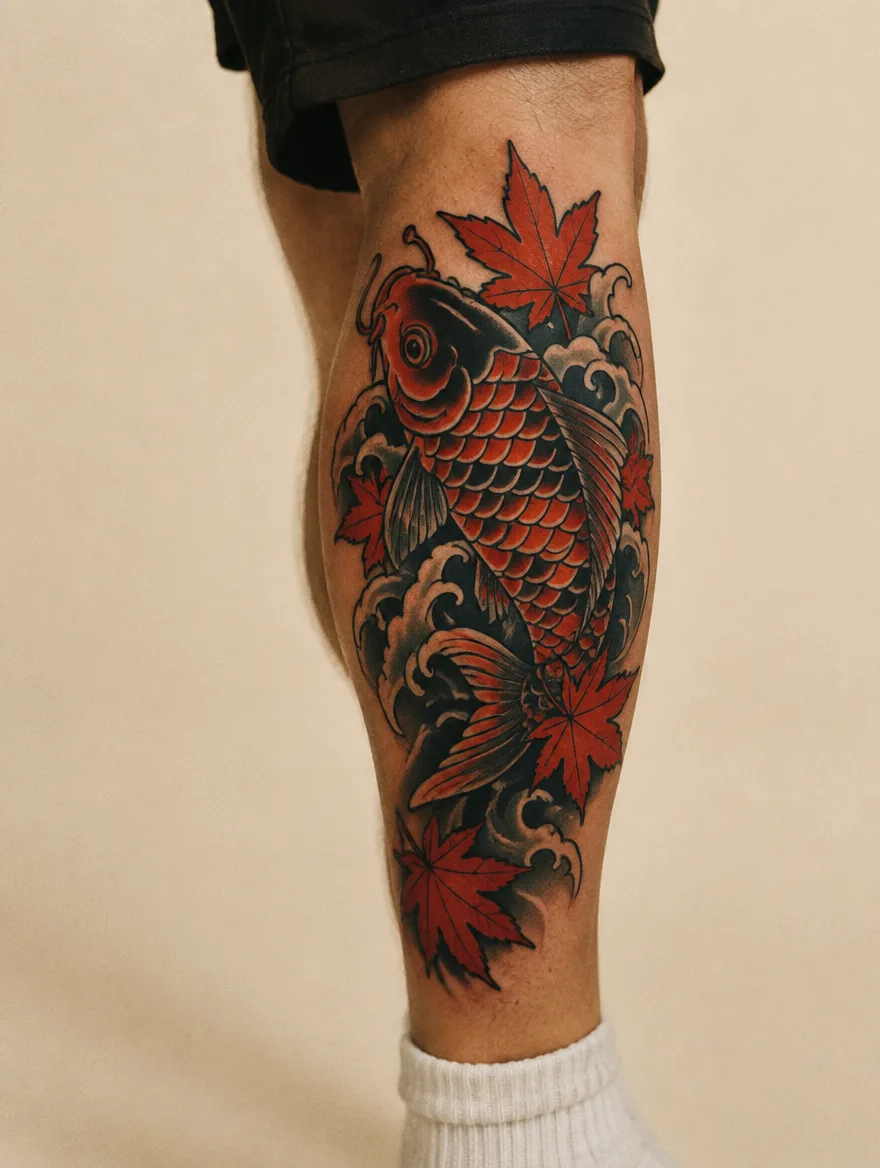 Neo-traditional koi tattoo with red maple leaves on a calf