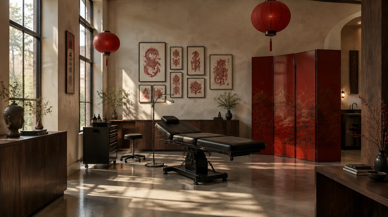 Inside the Akahana studio, cream walls and red lacquer screens