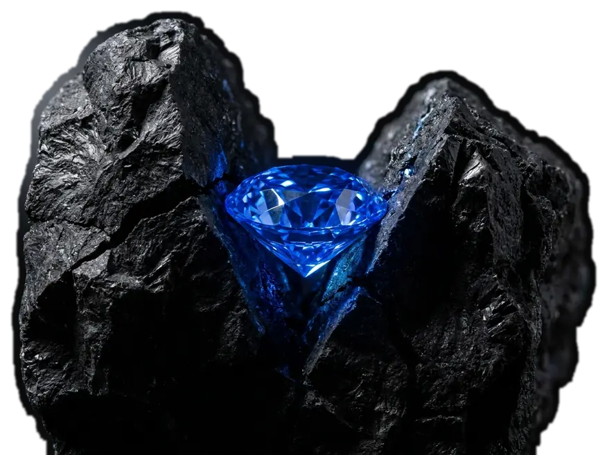 A blue diamond set in black rock